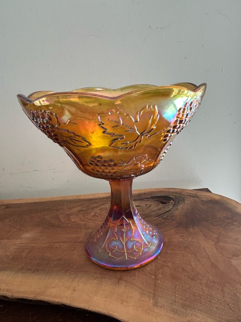 Indiana Marigold Carnival Glass Harvest Grape 8.5" Compote Pedestal Bowl amber